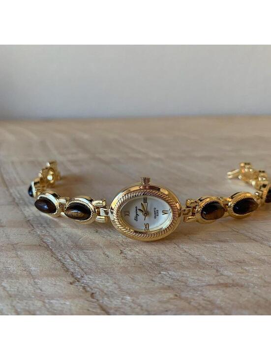 Accessories - Y2k style Dainty cute Gold style tone quartz watch with brown jade stone opal ac